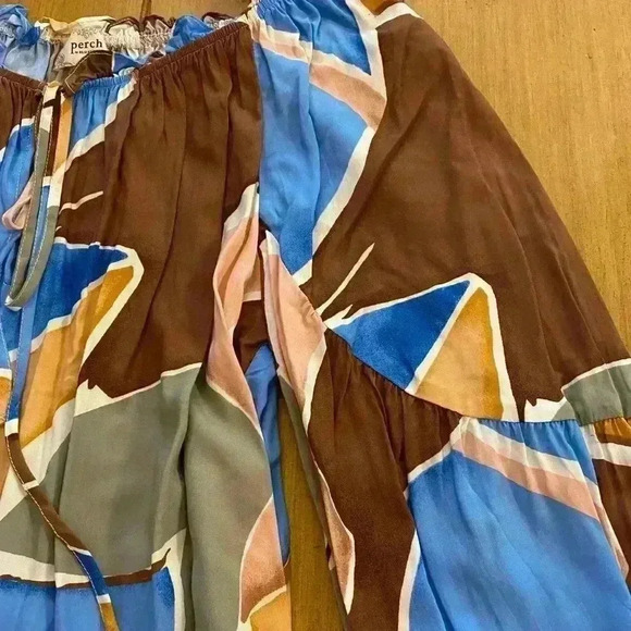 Womens Abstract Peasant Brown Gold Blue Pink Long Sleeve Perch Blouse 2X - Picture 10 of 11